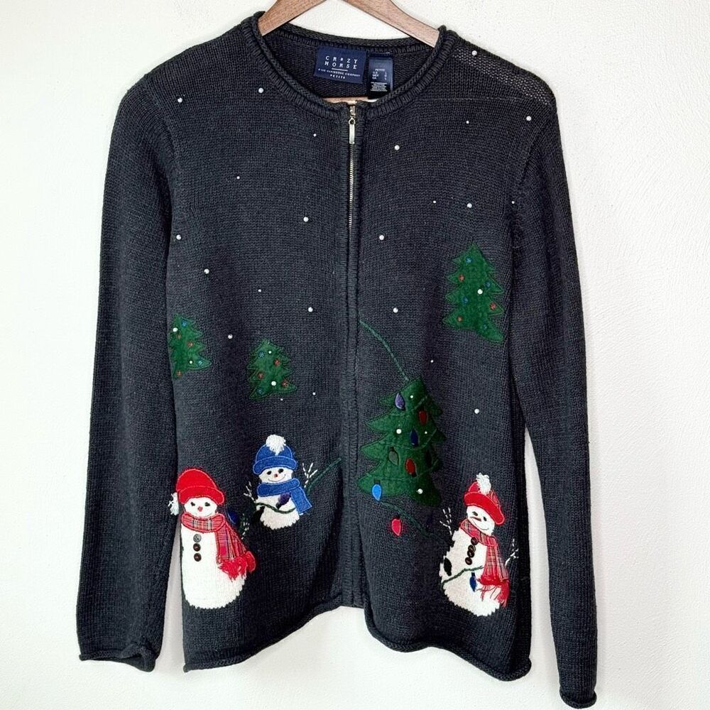 Crazy Horse Liz Claiborne Snowman Christmas Tree Cardigan Sweater - Women’s LP